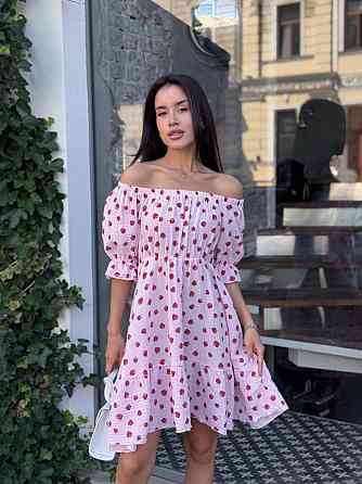 Жіноче романтичне легке принтоване плаття з відкритими плечима муслін Рожевий 2, 42/44 Одеса