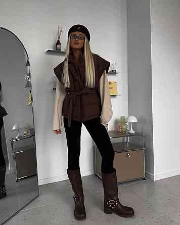 Женская теплая жилетка с поясом плащевка эми на синтепоне Шоколад, 44/46 Одесса