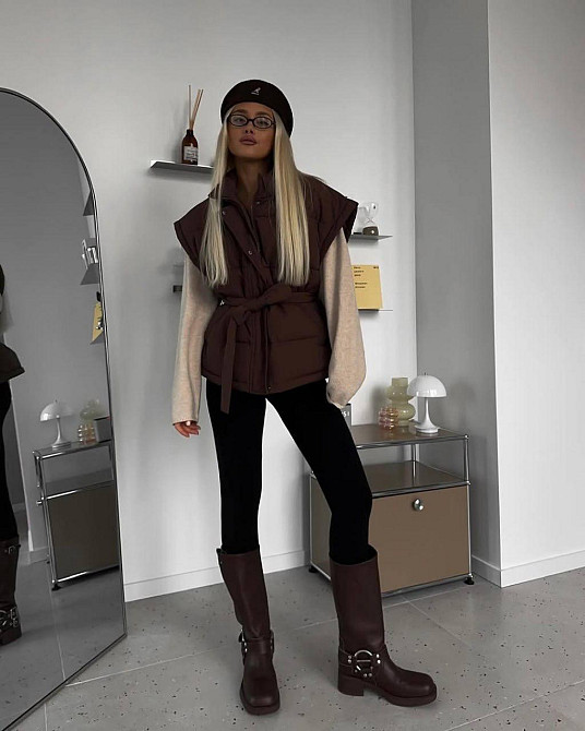 Женская теплая жилетка с поясом плащевка эми на синтепоне Шоколад, 44/46 Одесса - изображение 3
