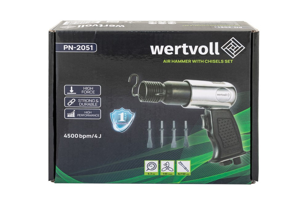 WERTVOLL Зубило пневматичне WERTVOLL 4500 уд/хв 145 л/хв 6.3 bar 4 Дж набір насадок 150 мм з ци Київ - фото 5