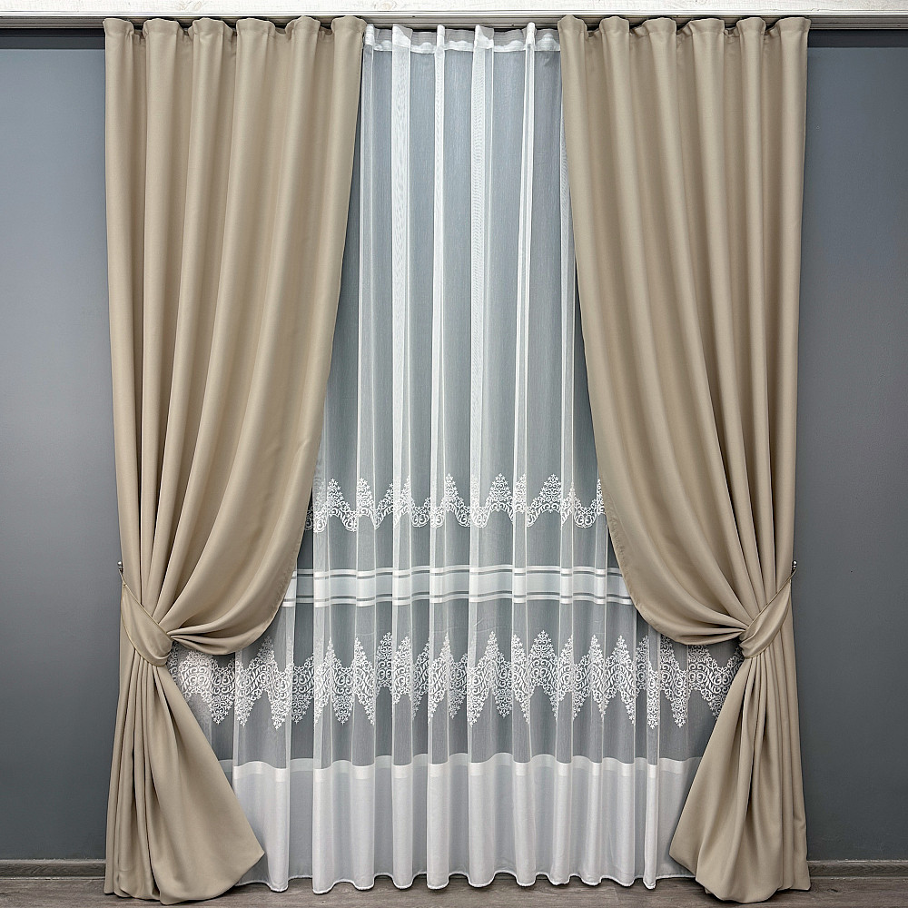 Комплект штор VR-Textil Bagema Rvs 150х270 2шт і Тюль 600х270 1545ш-1704т Бежевий з білим 71-114/5 Київ - фото 1