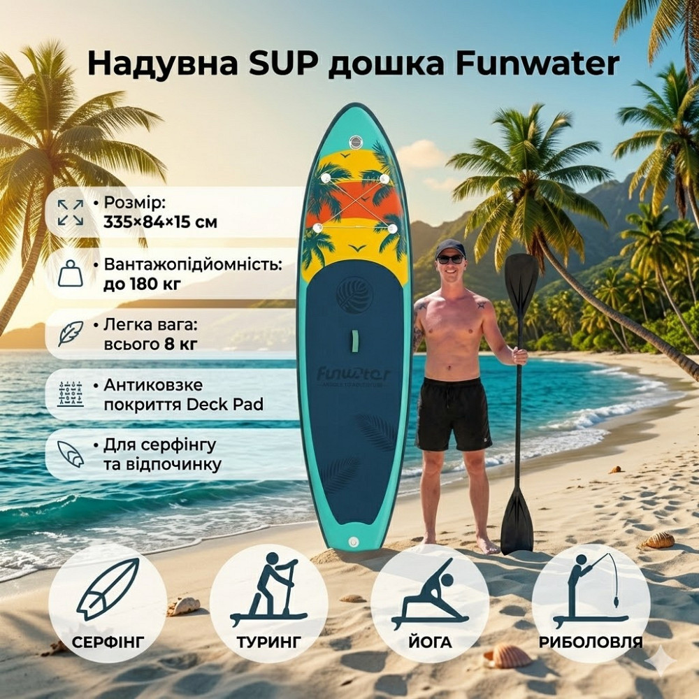Надувна SUP дошка 335×84×15 см — до 180 кг, легка 8 кг, антиковзка, для серфінгу та відпочинку Київ - фото 1