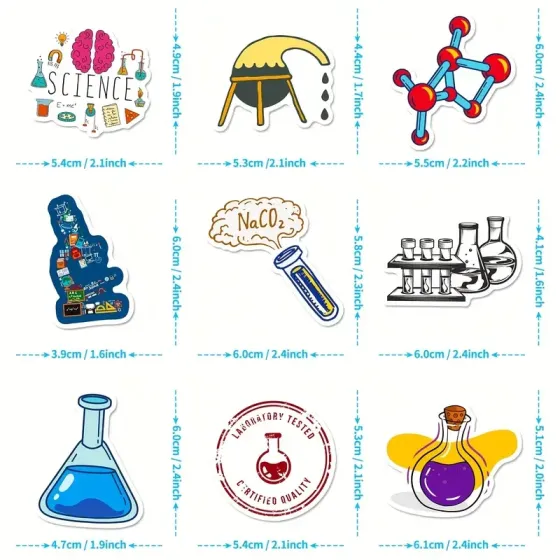 Набор научных наклеек 50 шт – стикеры по химии, биологии, физике для ноутбука, бутылки, скрапбукинга Киев
