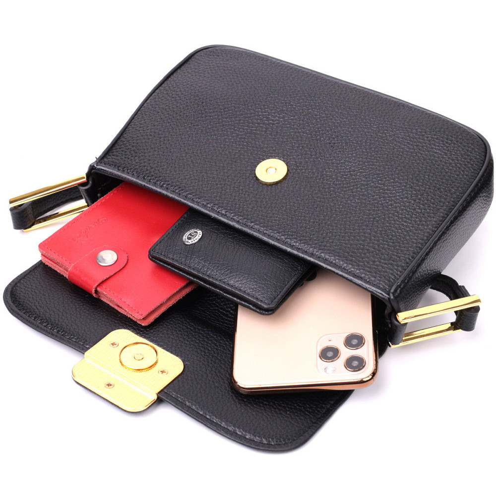 Сумка лаконічна з жорстким каркасом з натуральної шкіри Vintage 22391 Чорна Київ - фото 7