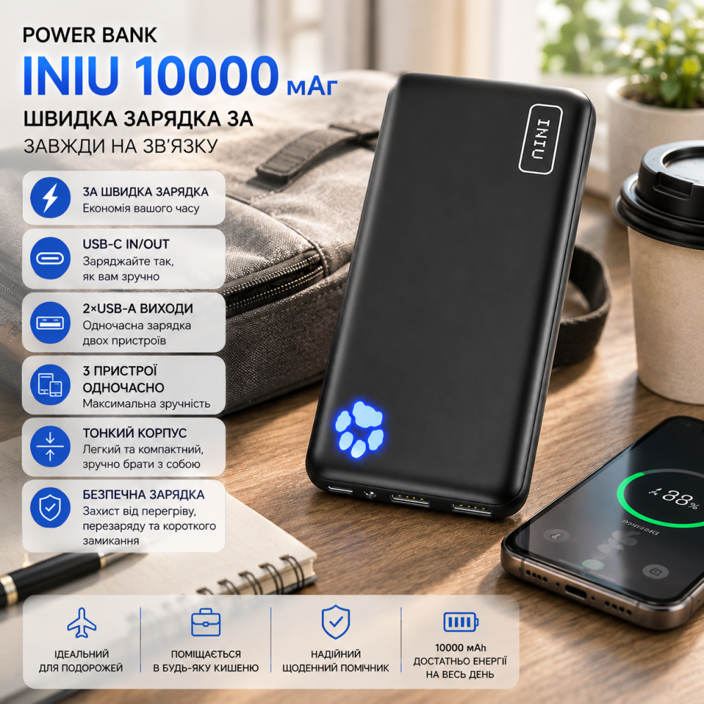 Power Bank INIU 10000 мАч, 3A быстрая зарядка, USB-C IN/OUT, 2×USB-A, 3 устройства, тонкий корпус, Black Киев - изображение 1