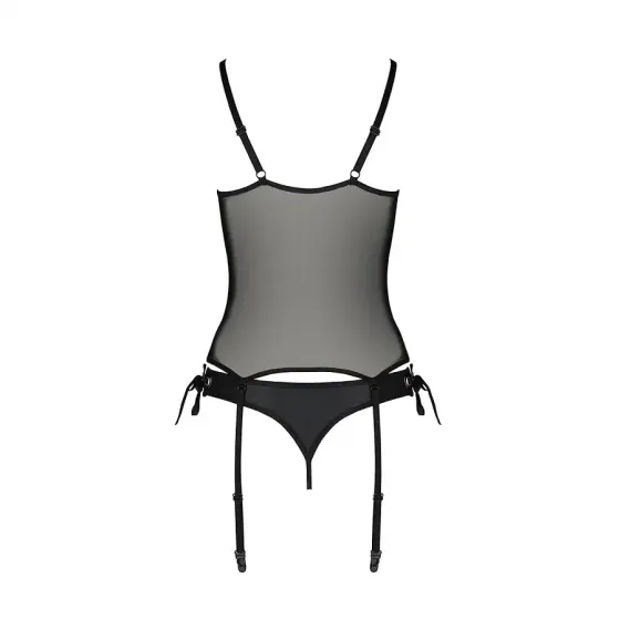 Корсет зі шнурівкою Passion NESSY CORSET S/M black, стрінги з відкритим доступом, пажі для панчіх Львов