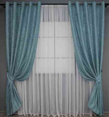 Комплект штор на люверсах VR-Textil Льон мармур Pavliani № 1369ш 150х250 см 2 шт Лазурний (37-0051) Київ
