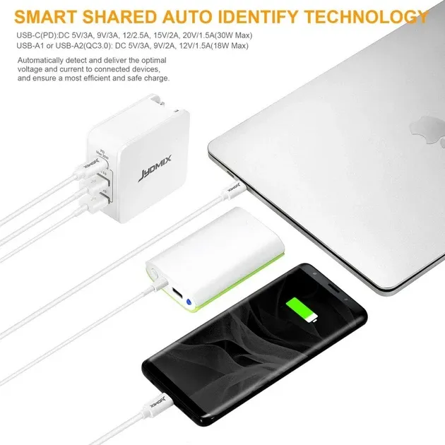 Універсальний мережевий зарядний пристрій JYDMIX (30W, PD3.0, QC3.0) — USB-C + 2xUSB-A, набір перехідників для подорожей Київ - фото 16