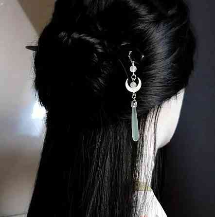 Деревянная заколка для волос в китайском стиле с подвеской Луна и хрусталь Киев