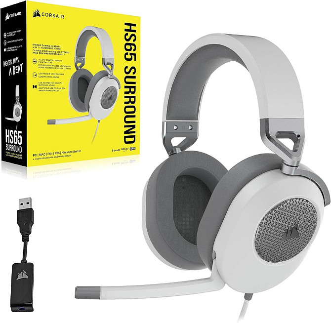 Гарнитура игровая CORSAIR HS65 SURROUND проводная белая объемный звук 7.1 для ПК PS5 Mac Xbox CA-901 Киев - изображение 1