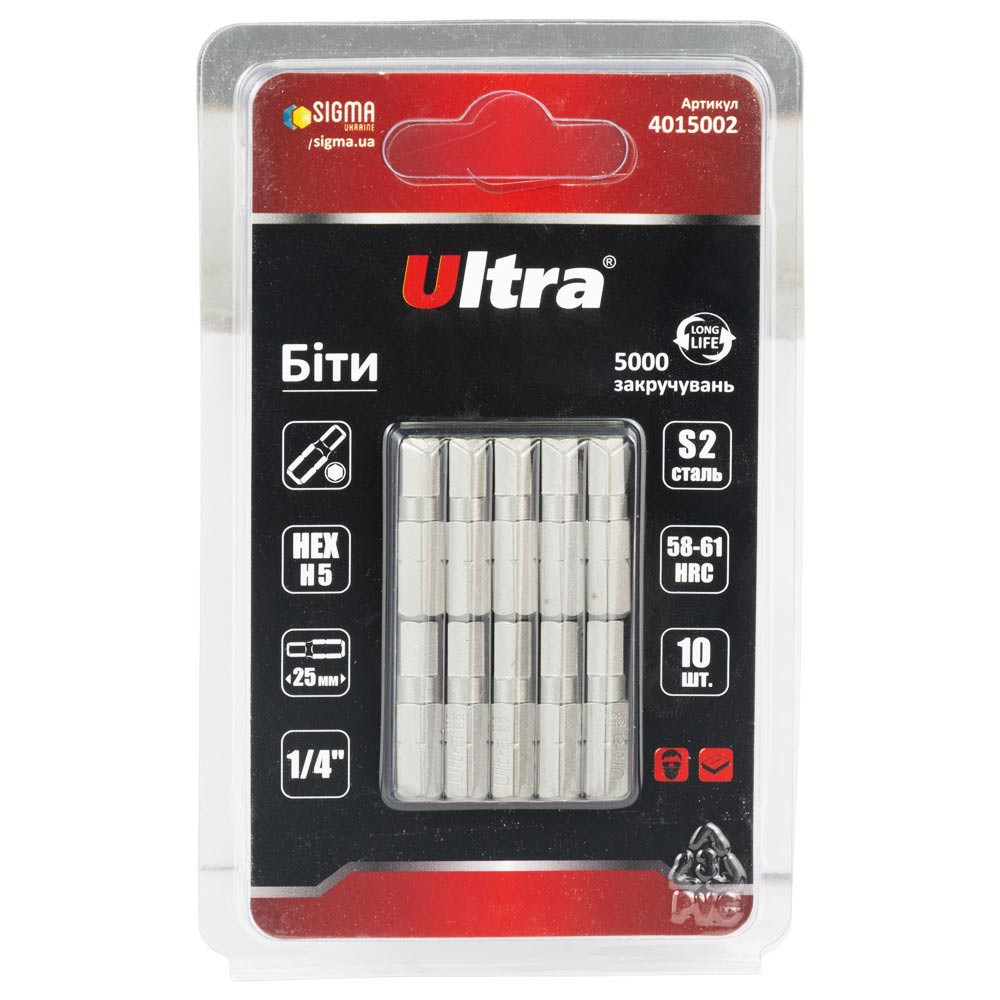 Ultra Биты HEX 5×25мм ¼" 10шт S2 (блистер) ULTRA (4015002) Коломия - фото 1
