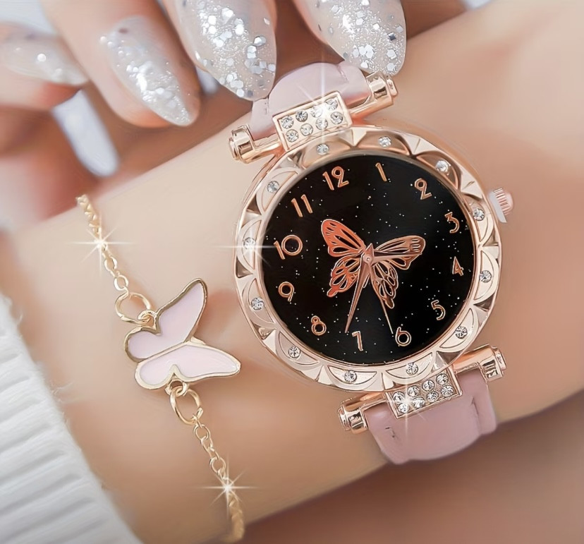 Подарочный набор для женщин Бабочки наручные часы браслет цепочка с кулоном и серьги розовый Киев - изображение 2