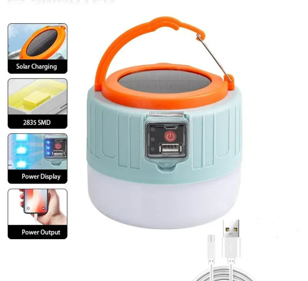 Акумуляторний світлодіодний ліхтарик з роз'ємом USB павербанк сонячна батарея 11 на 9,5 см блакитний Київ - фото 1