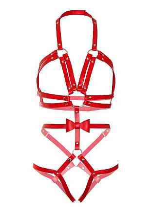 Портупея-тедді з ременів Leg Avenue Studded O-ring harness teddy L Red, екошкіра Sex Aura Київ