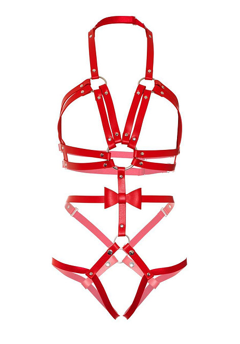 Портупея-тедді з ременів Leg Avenue Studded O-ring harness teddy L Red, екошкіра Sex Aura Київ - фото 5