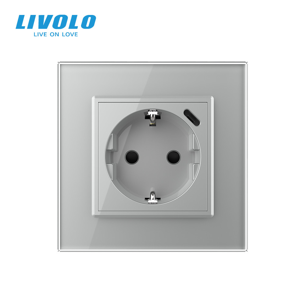 LIVOLO Електрична розетка з USB Type-C 18Вт для зарядки, з заземленням, LIVOLO, сіра, скляна ра Коломия - фото 10