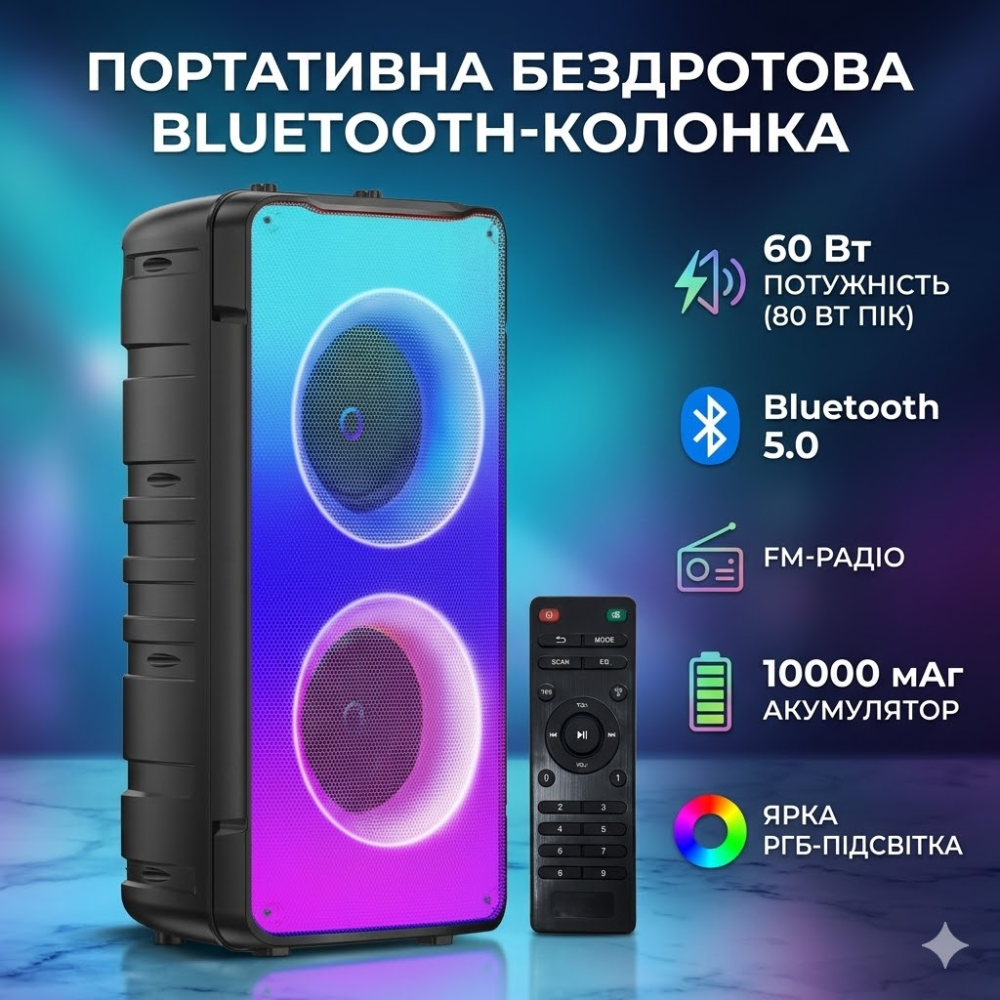 Bluetooth-колонка TAMPROAD A67 80 Вт, 60 Вт RMS, TWS, FM-радіо, RGB-підсвітка, акумулятор 10000 мА·год Київ - фото 12