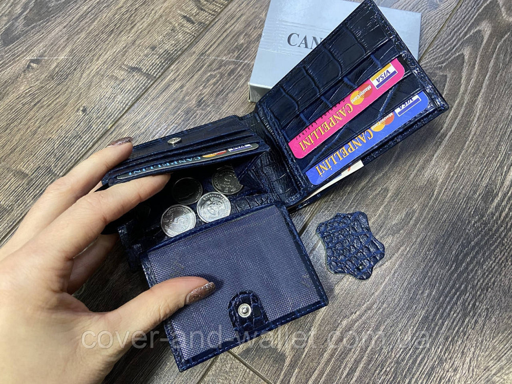 Компактний чоловічий гаманець синього кольору із натуральної шкіри під рептилію Сanpellini Київ - фото 7