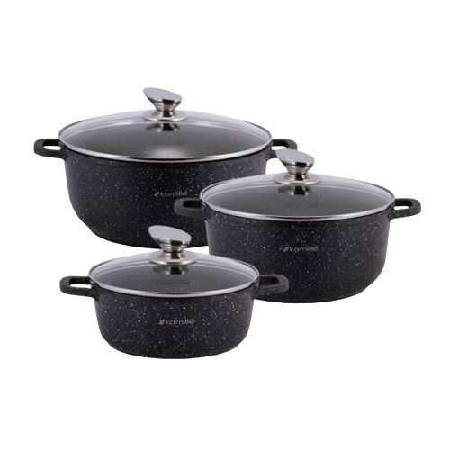 Набір каструль 7 предметів (каструлі d20см-2,3л/d24см-4,5л/28см-6,5л + прихватки) 4430 KAMILLE Житомир - изображение 1