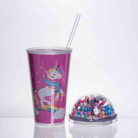 Пластикова склянка з трубочкою та кришкою 400 (мл) багаторазова пластикова склянка Малиновий HP-18-2P Київ