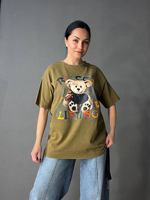 Футболка жіноча YIGOU 76 тай-дай з ведмедиком оверсайз, хакі, one size Київ - фото 6