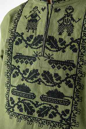 Вышиванка для мальчиков хаки с длинным рукавом льняная, подростковые вышиванки  военная Киев