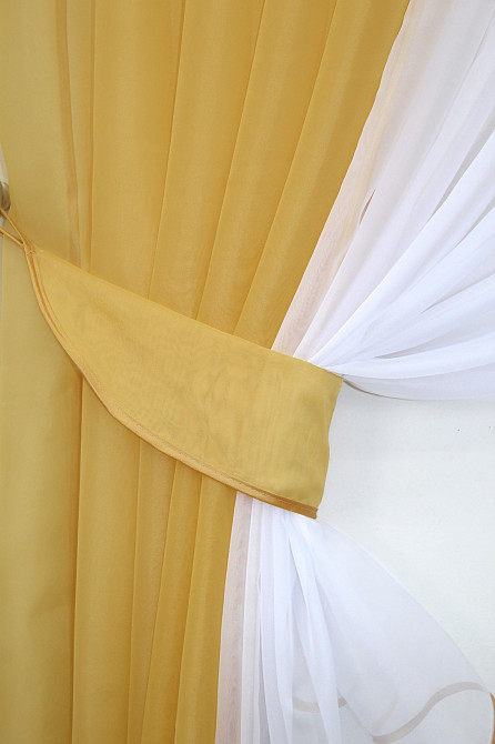 Кухонные шторки VR-Textil № 096к с подвязками золотистый с белым 400х170 см (52-0403) Киев - изображение 3