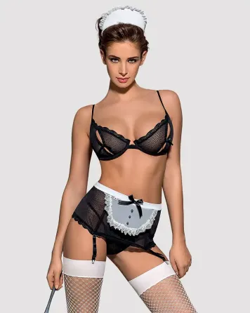 Еротичний костюм покоївки Obsessive Maidme set 5pcs L/XL, бюстгальтер, пояс з фартухом, панчохи, стр Львов