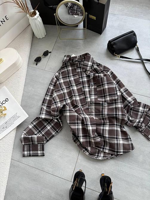 Женская повседневная оверсайз рубашка в клетку костюмный тиар Темный шоколад Одесса - изображение 3