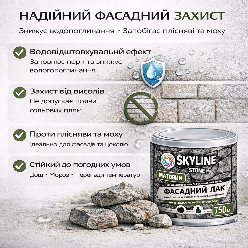 Фасадний акриловий лак для каменю та цоколю SkyLine Stone матовий прозорий 750 мл (натуральний фініш без блиску) Харків - фото 4