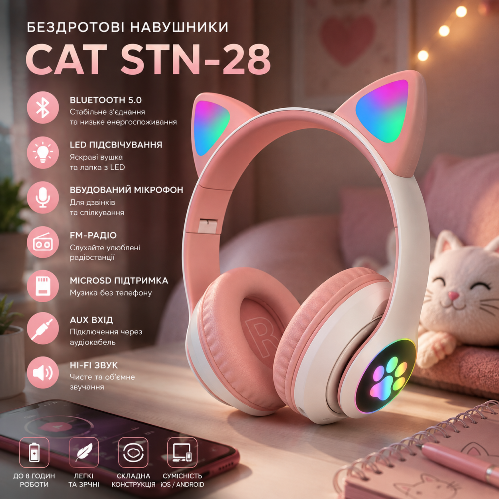 Беспроводные наушники Cat STN-28 с кошачьими ушками, Bluetooth 5.0, LED, микрофон, FM-радио, microSD, AUX, Hi-Fi Киев - изображение 13