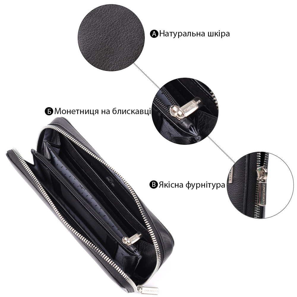 Практичний жіночий гаманець на одне відділення із зернистої натуральної шкіри Tony Perotti 20863_1 (3622 nero) Чорний Київ - фото 4