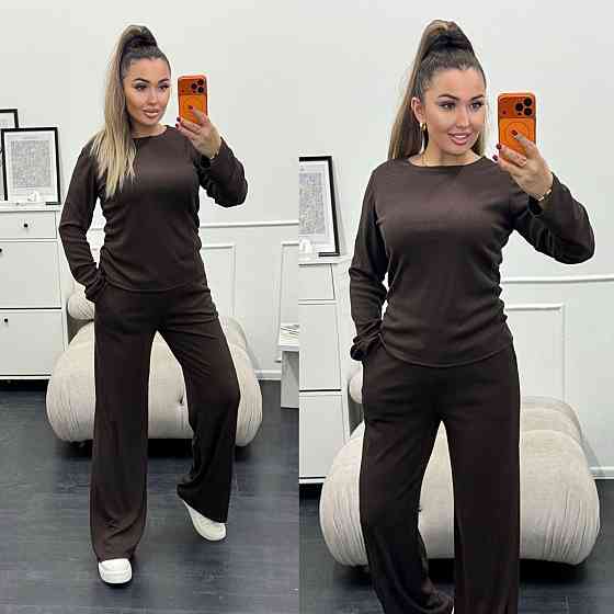 Женский базовый костюм двойка: лонгслив и штаны трикотажный рубчик Шоколадный, 42/44 Одесса