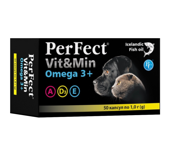 Добавка PerFect для собак та котів Vit&Min Omega 3 + (50 капсул по 1 г), Витсинтез Вінниця