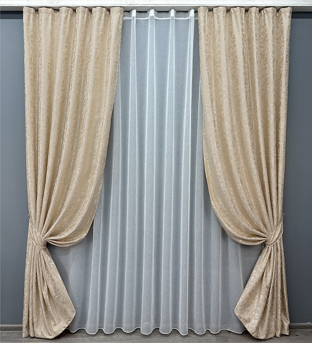 Комплект штор VR-Textil Лен Мрамор 150х270 2шт и Тюль 500х270 1713ш-1276т Айвори с белым 71-010/4 Киев - изображение 1