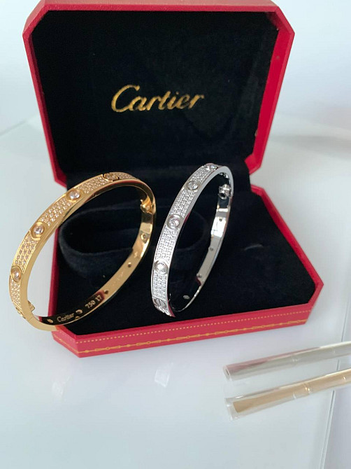 Cartier браслет love з викруткою (з дрібним цирконієм) лимонне золото, біле золото / Cartier браслет із камінням Одеса - фото 1