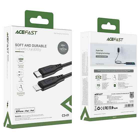 Кабель Type-C - Lightning ACEFAST C3-01 3A 30W TPE TPE конектори колір чорний AFC3-01B Одеса