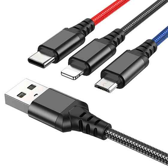 Кабель HOCO X76 USB to iP+Type-C+Micro 2A, 1m, nylon, aluminum connectors Black+Red+Blue Киев