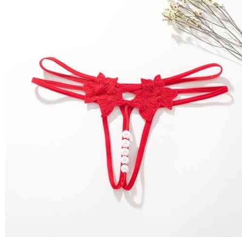 Еротичні трусики червоні жіночі з розрізом та перлинами - розмір універсальний (на резинці) Київ