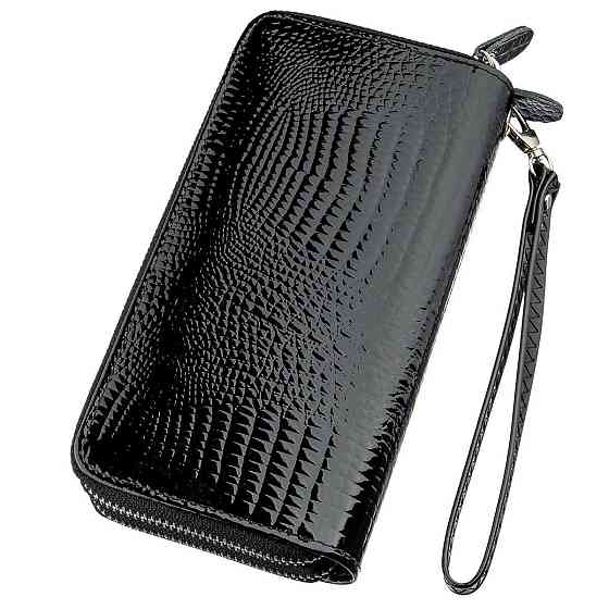 Кошелек женский из экокожи на две молнии лаковый Черный (KIVI) Киев