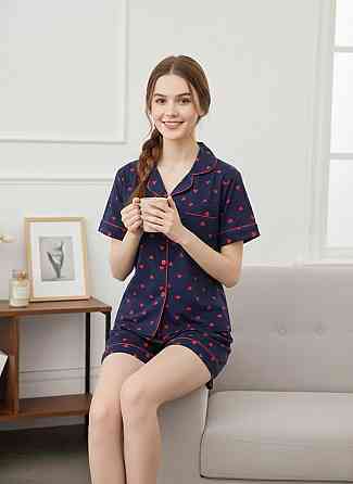 Женская трикотажная пижама двойка с сердечками Синий, 46 Одесса