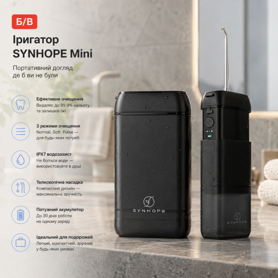 Ирригатор для полости рта SYNHOPE Water Flosser Mini портативный, телескопический, IPX7, 3 режима очистки — Б/У Киев