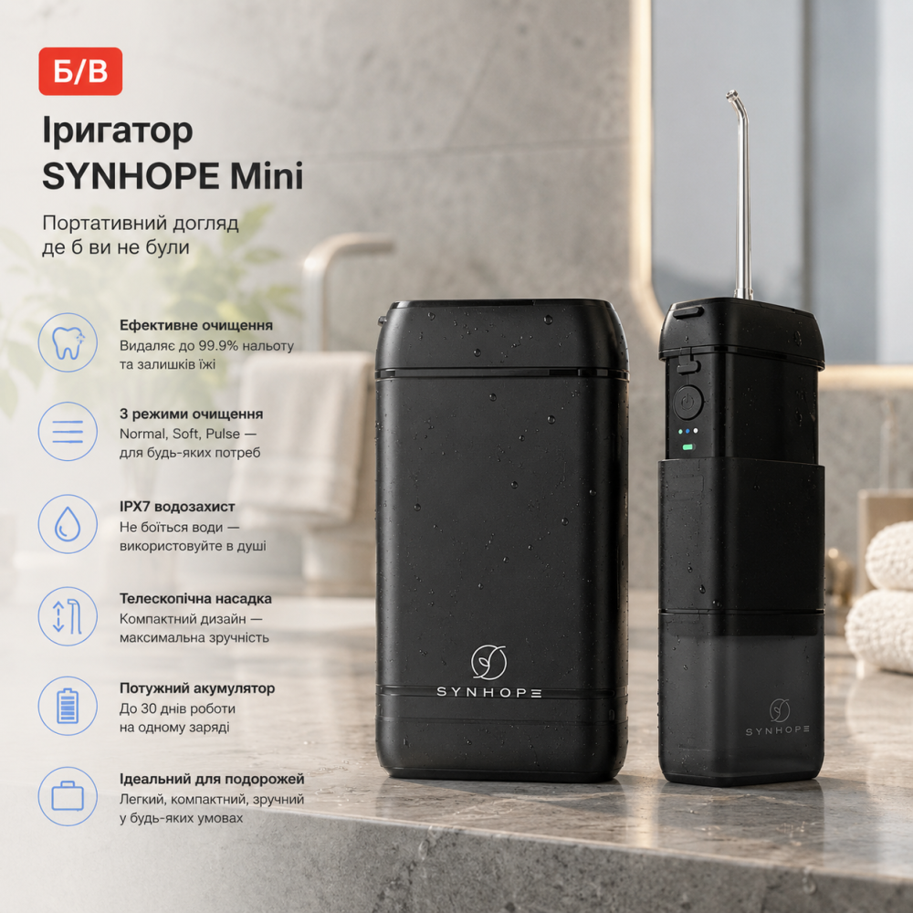 Ирригатор для полости рта SYNHOPE Water Flosser Mini портативный, телескопический, IPX7, 3 режима очистки — Б/У Киев - изображение 1