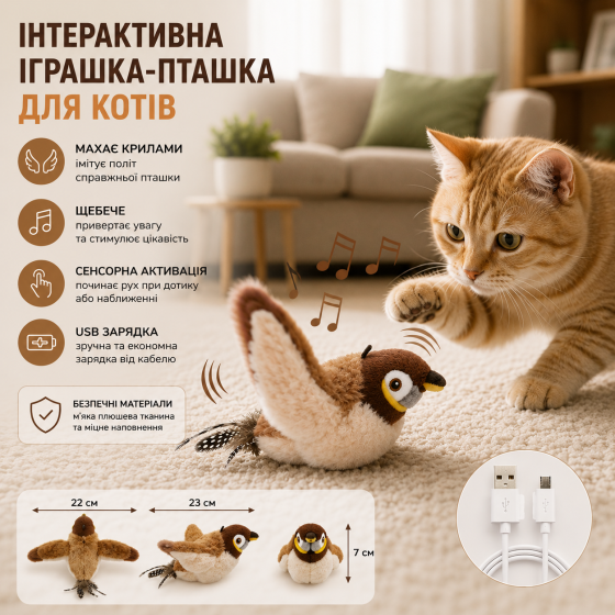 Интерактивная игрушка-птичка для кошек 23×22×7 см, машет крыльями, щебечет, сенсорная активация, USB Киев