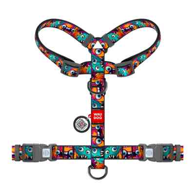 Шлея для собак WAUDOG Nylon анатомічна H-подібна з QR-паспортом "Зубасті монстри" пластиковий фастекс, M (344-4048) Вінниця