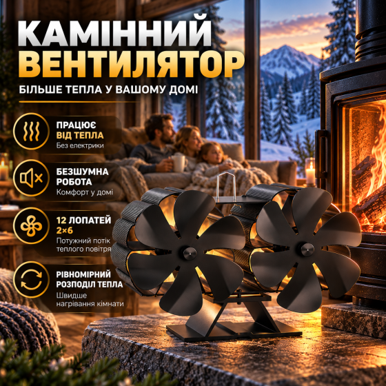Камінний вентилятор 12 лопатей 2×6 для печі та каміна, термоелектричний від тепла, безшумний, чорний Київ