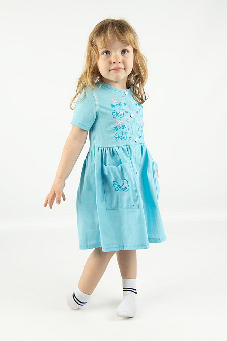 Платье для девочек, летнее льняное с вышивкой, голубое топ 128 Киев - изображение 1