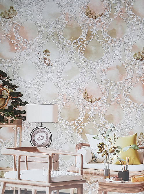 Шпалери вінілові на флізеліні гарячого тиснення DU&KA 1.06х10 вензель основа під штукатурку сірі коричневі Київ - фото 1