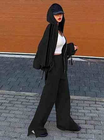 Женский прогулочный оверсайз костюм двойка: худи и штаны двунитка Черный Одесса