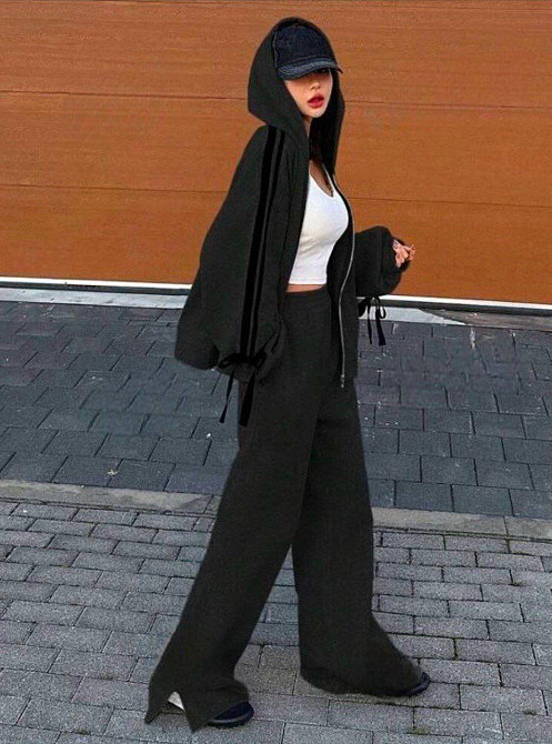 Жіночий прогулянковий костюм оверсайз: худі та штани двонитка Чорний Одеса - фото 1